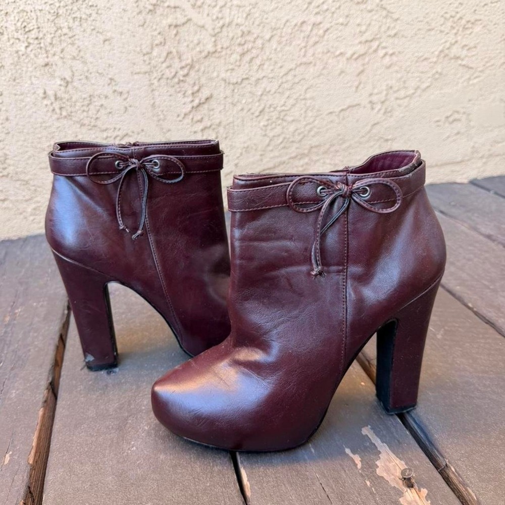 burgundy ankle boots with bow detail